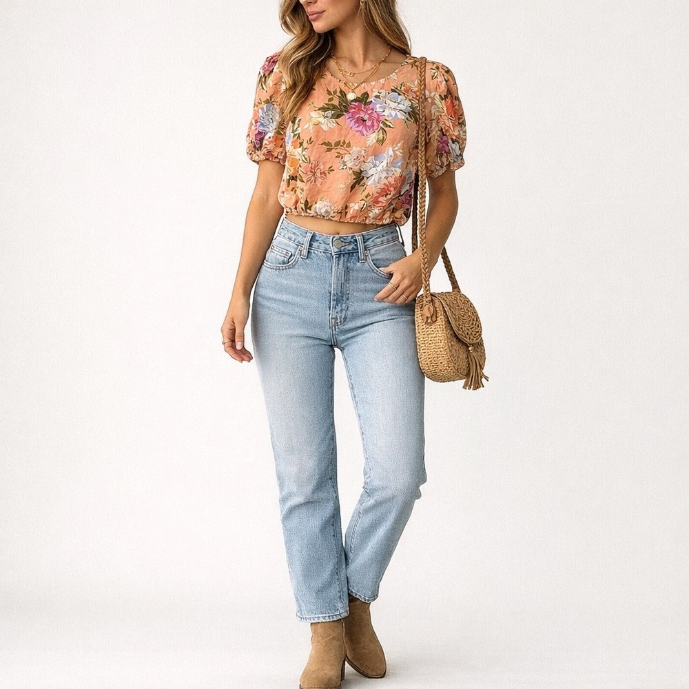 Women's Medium Linen Blend Boho Floral Cottagecore Cropped Coquette Prairie Top